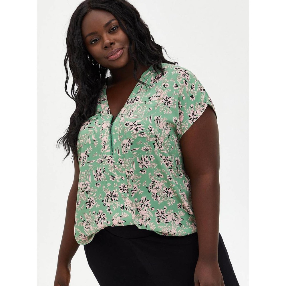 ✨2/$20 Torrid Georgette Zip Front Dolman Blouse Green Pink Floral Plus Size 1 1X